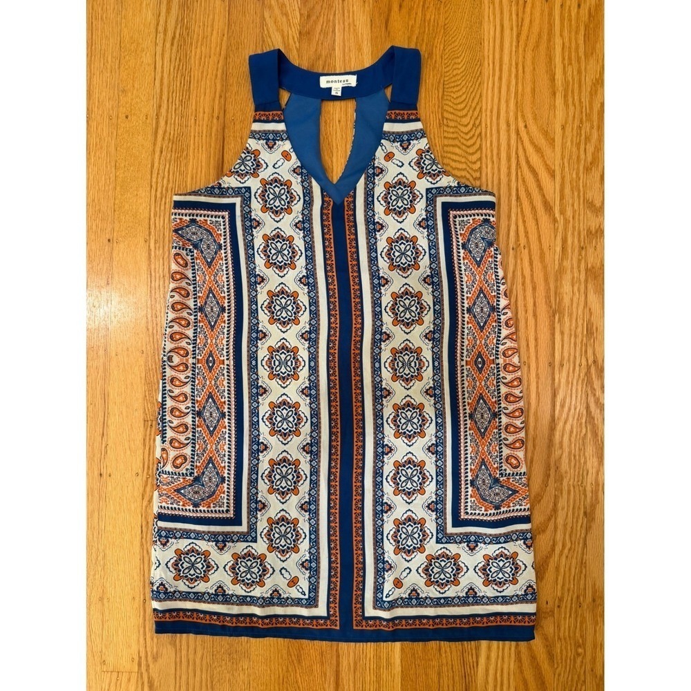 Monteau Sleeveless Dress -‎ Blue, Orange, White Patterned Tank Top